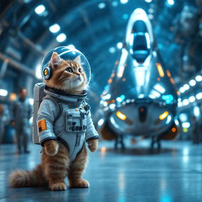 The primary subject of the image is a small orange cat wearing a space suit. The cat is standing in front of a large spacecraft, which serves as the setting and background of the scene. The visual style of the image is a photo, capturing the cat and the spacecraft in a realistic manner. The colors and mood of the image are predominantly orange and blue, with the orange cat standing out against the blue background of the spacecraft.